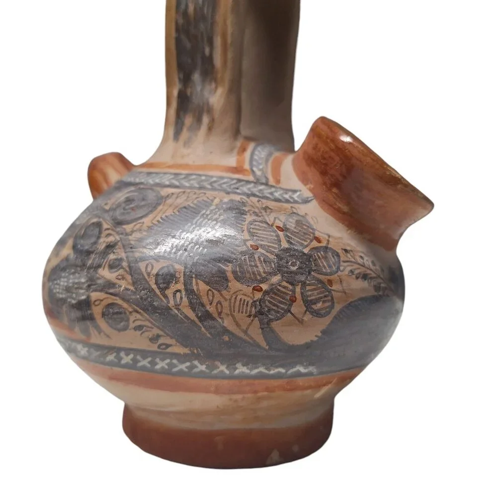 Tonala Pottery Double Spout Water Jug Rabbit Floral Agave Design Mexico Folk Art